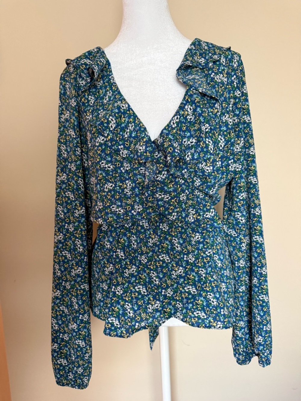 Floral Ruffled Wrap Blouse - Teal Floral